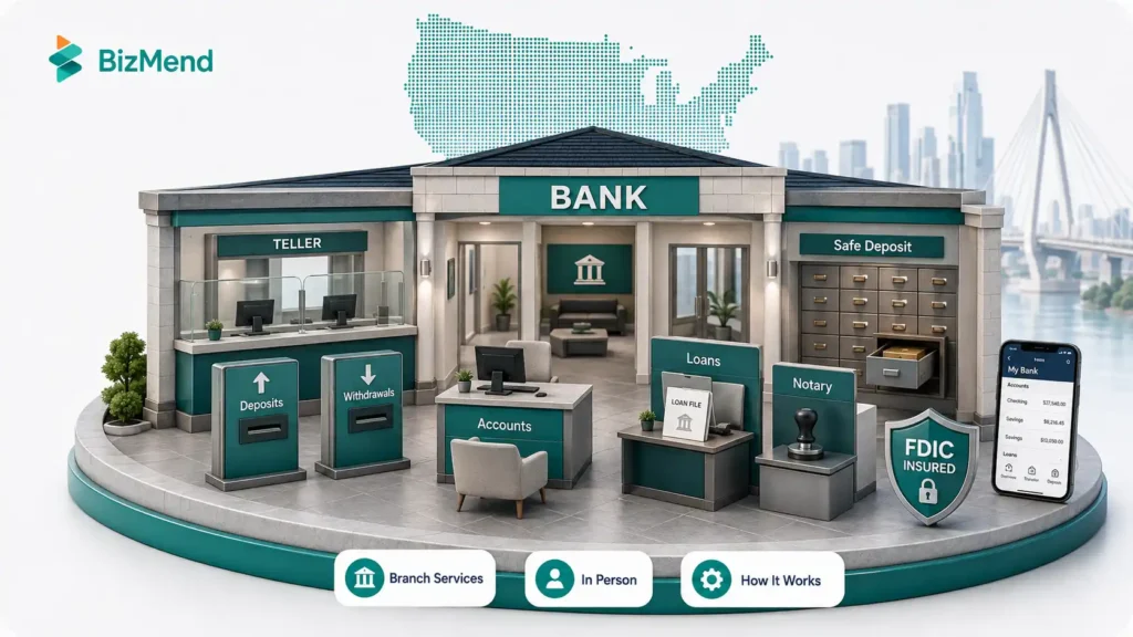 Inside a bank branch with teller counters, deposits, withdrawals, account opening, loans, notary service, and safe deposit boxes