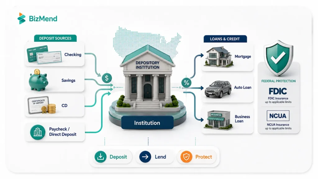 How a depository institution works by accepting deposits, funding loans, and providing federal deposit insurance