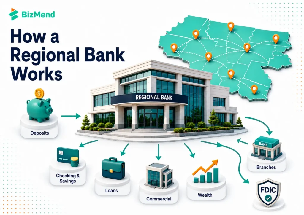 How a regional bank works through deposits, checking and savings accounts, loans, commercial banking, wealth management, FDIC insurance, and regional branch networks