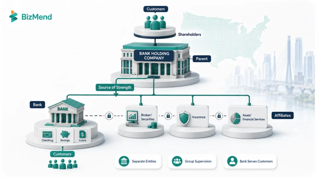 How a bank holding company works with a parent company, chartered bank, affiliates, and customer banking services