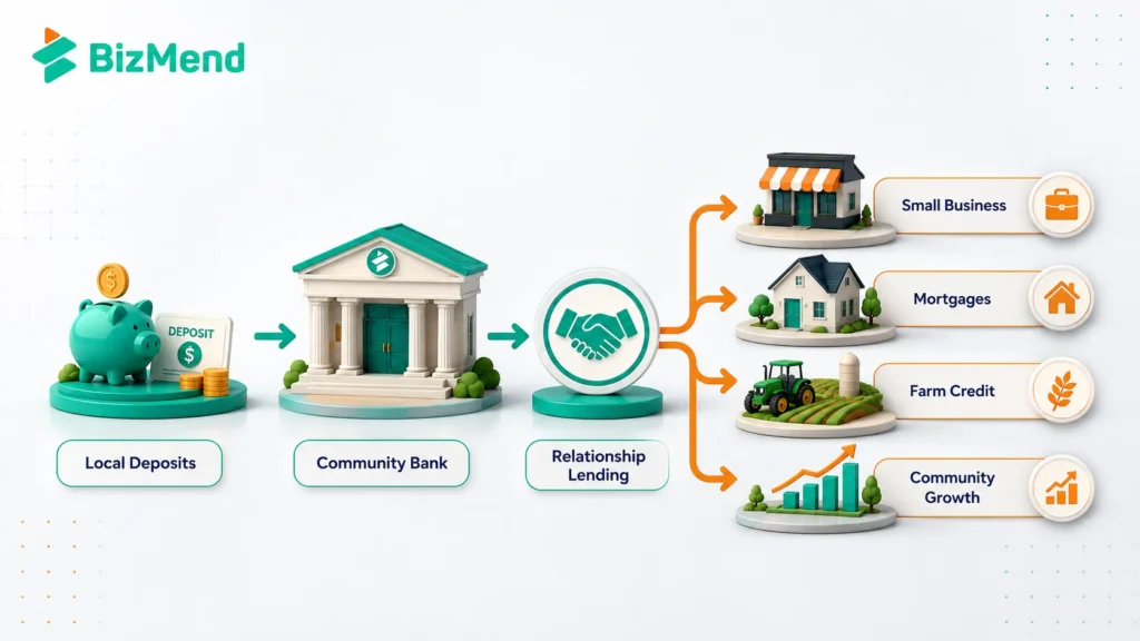 How a community bank works through local deposits, relationship lending, small business loans, mortgages, farm credit, and community growth