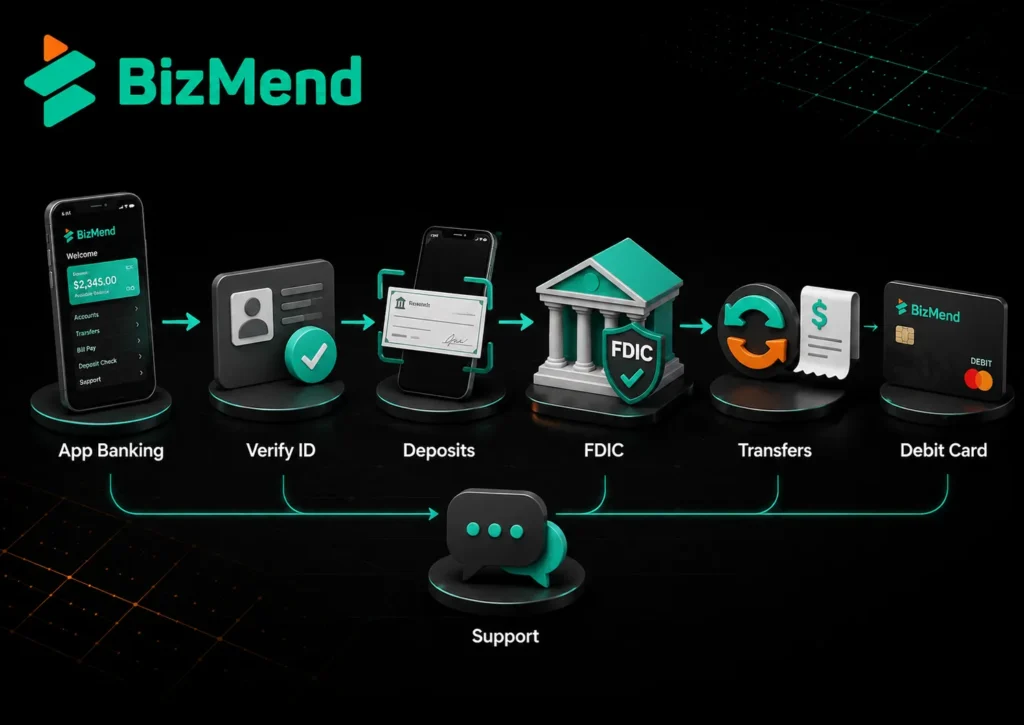 How an online bank works through app banking, identity verification, deposits, FDIC protection, transfers, and customer support