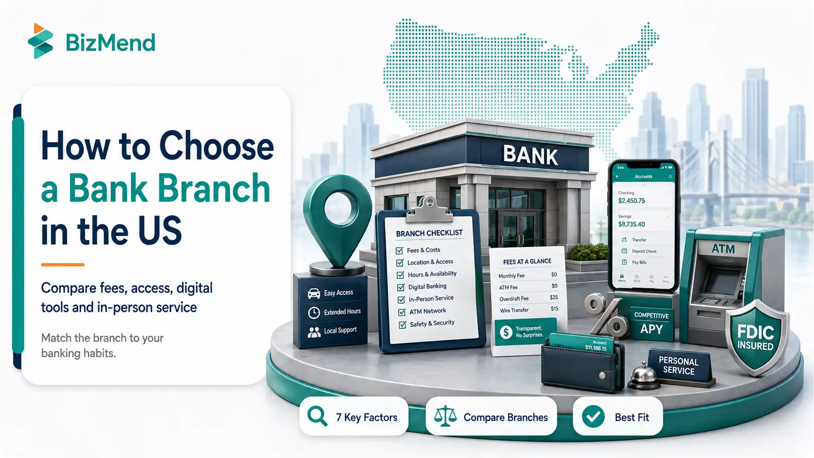 How to choose a bank branch in the US by comparing fees, ATM access, digital tools, and in-person service