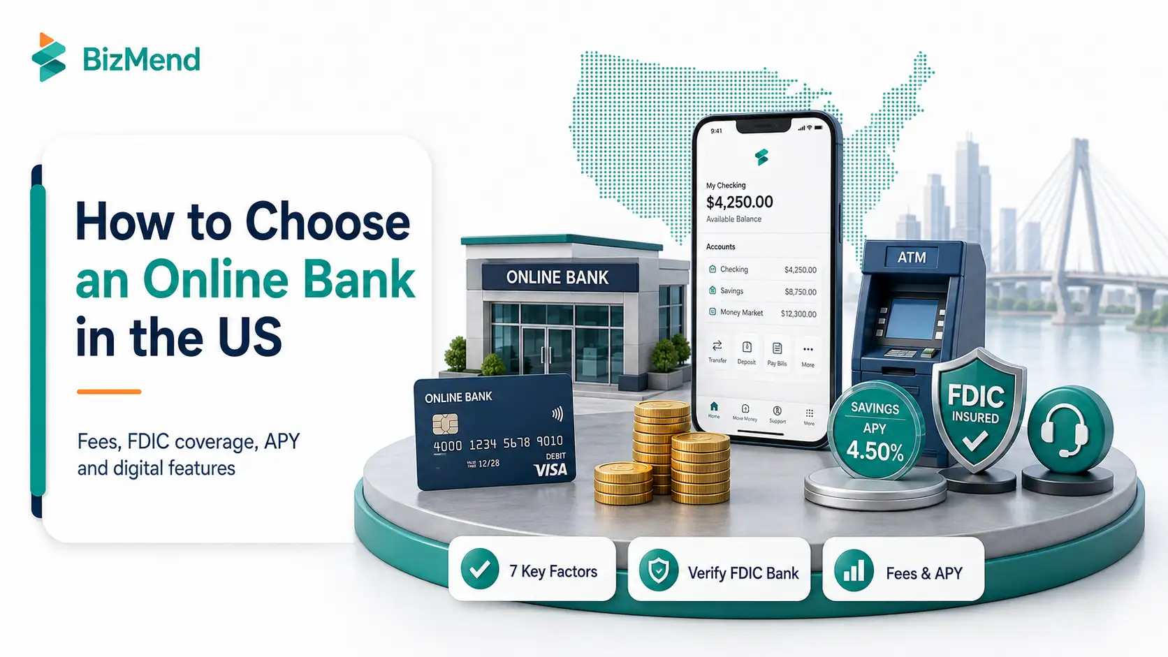 How to choose an online bank in the US with FDIC coverage, APY, fees, ATM access, and digital banking features