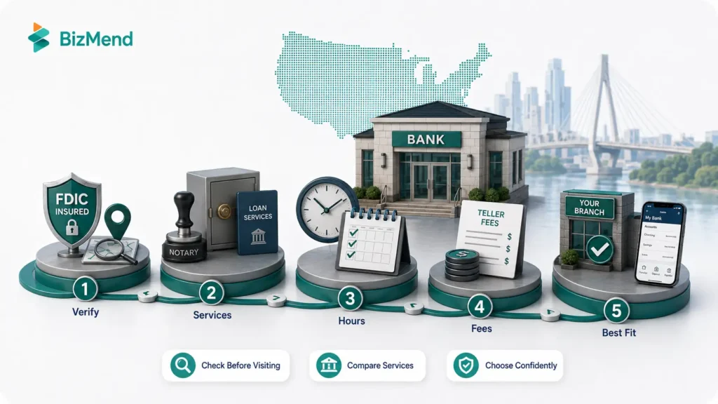 Five steps for choosing a bank branch by checking FDIC status, services, hours, teller fees, and overall fit