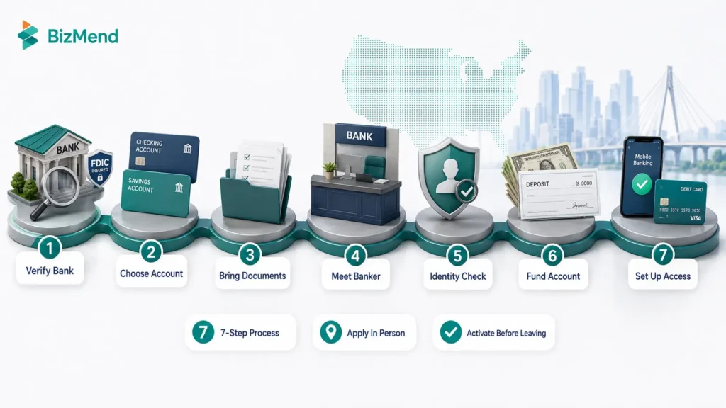 Seven steps to open a bank account at a branch from bank verification to mobile banking setup