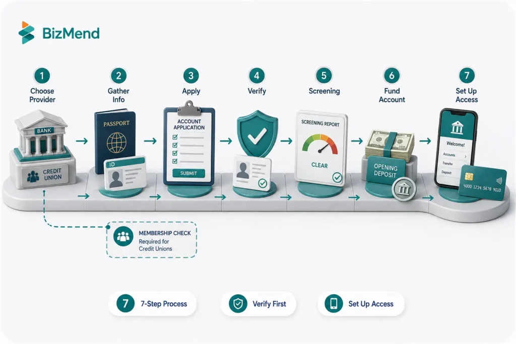 Seven-step process to open a depository institution account from choosing a provider to setting up account access