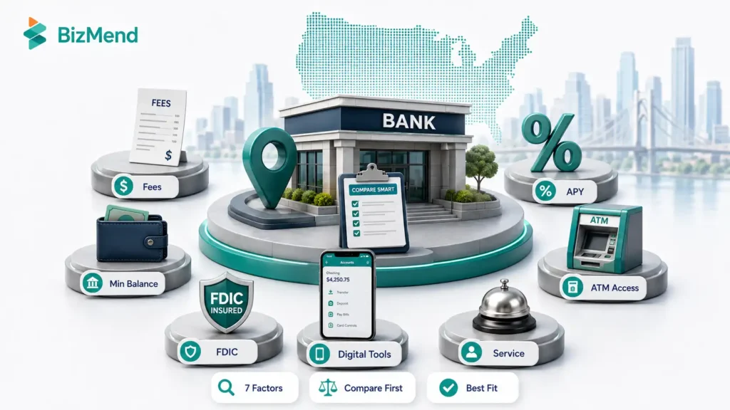 Key factors to compare when choosing a bank branch, including fees, minimum balance, APY, ATM access, FDIC insurance, digital tools, and customer service