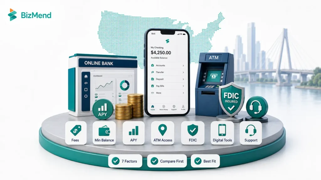 Key factors to compare when choosing an online bank including fees, minimum balance, APY, ATM access, FDIC insurance, digital tools, and customer support