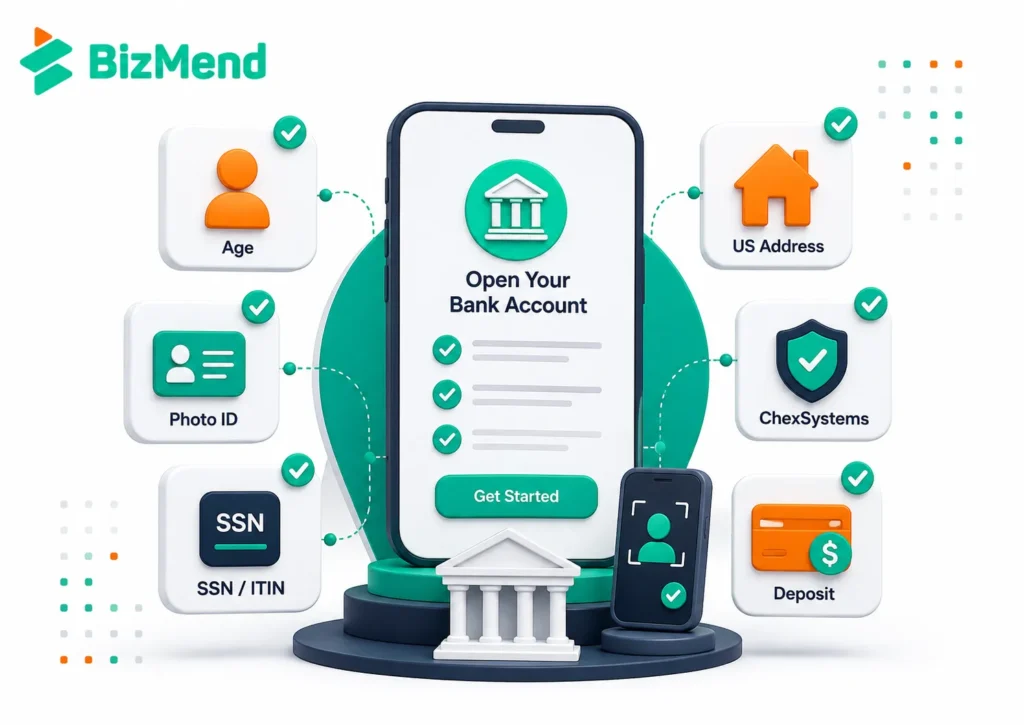 Online bank account eligibility checklist with age, photo ID, SSN or ITIN, US address, ChexSystems screening, and opening deposit