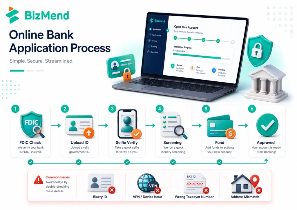 Online bank application process showing FDIC check, ID upload, selfie verification, screening, funding, approval, and common rejection issues