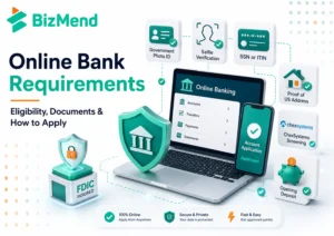 Online bank requirements checklist showing eligibility, documents, ID verification, FDIC protection, and account approval process