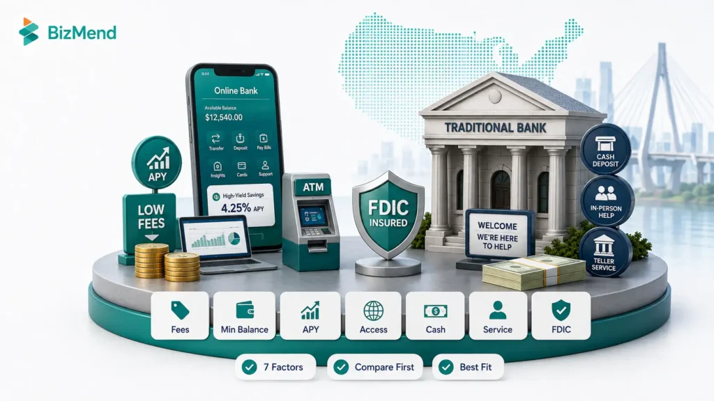 Quick comparison of online bank vs traditional bank based on fees, minimum balance, APY, access, cash handling, service, and FDIC coverage