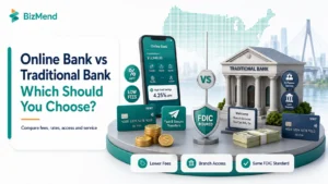 Online bank vs traditional bank comparison showing lower fees and higher APY on online banking and branch access with in-person service at a traditional bank
