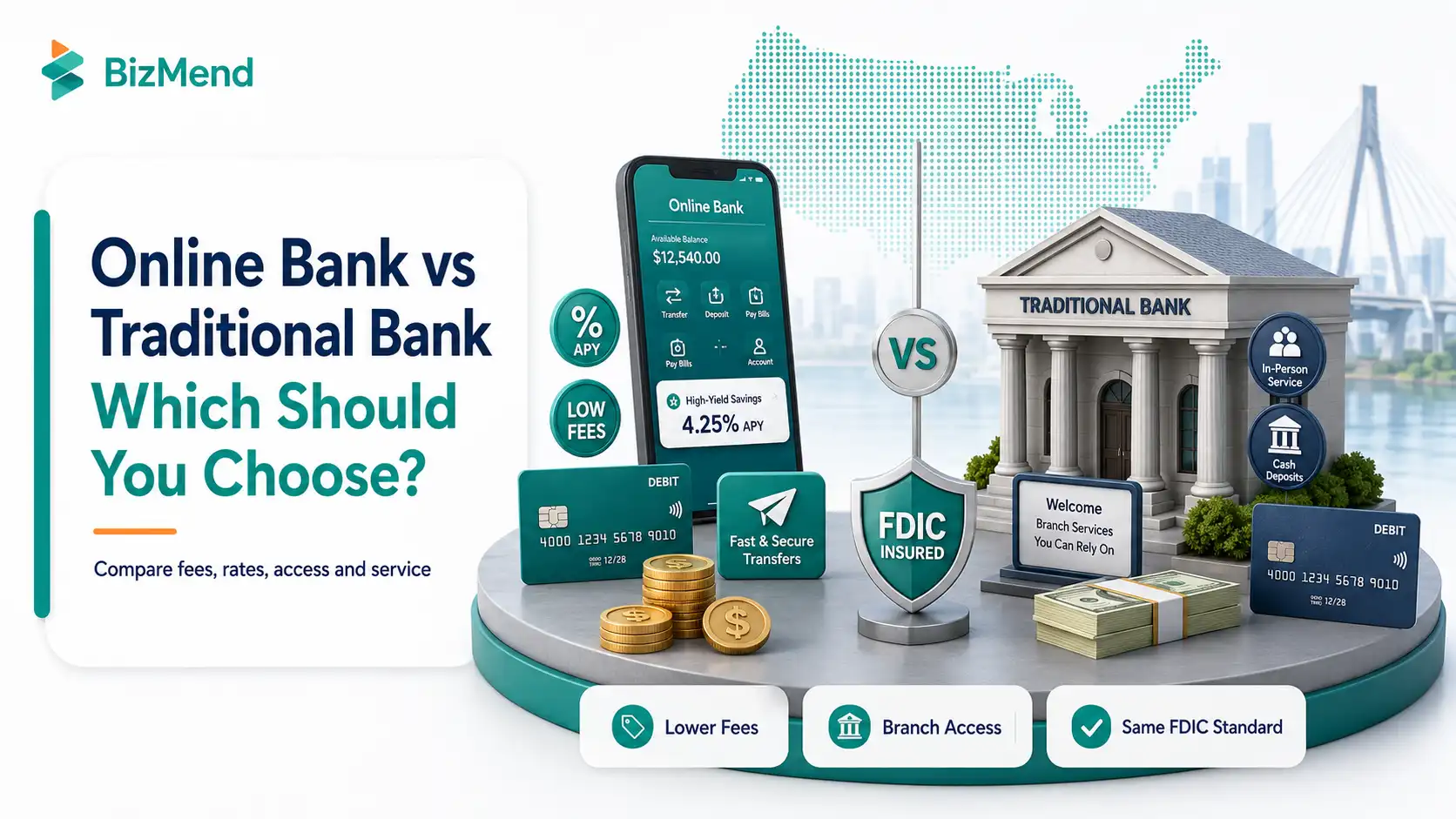 Online bank vs traditional bank comparison showing lower fees and higher APY on online banking and branch access with in-person service at a traditional bank