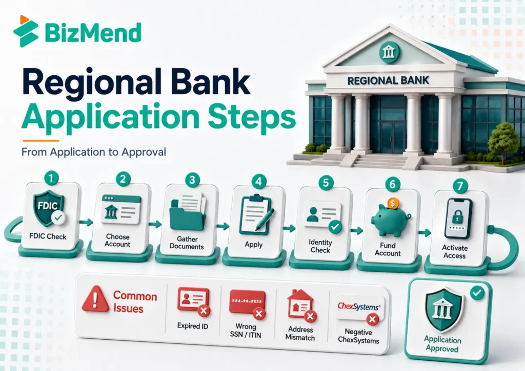 Step-by-step regional bank account application process from FDIC check and documents to screening, funding, and approval