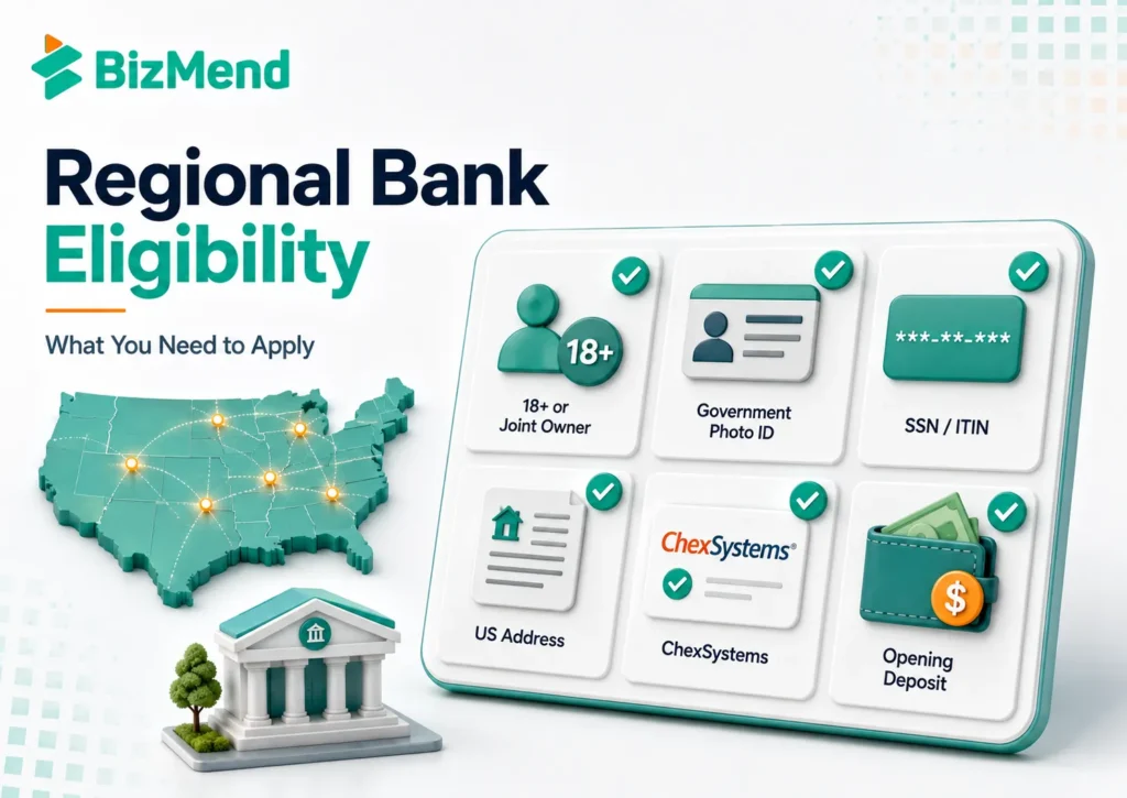 Regional bank eligibility checklist with age, photo ID, SSN or ITIN, US address, ChexSystems record, and opening deposit requirements