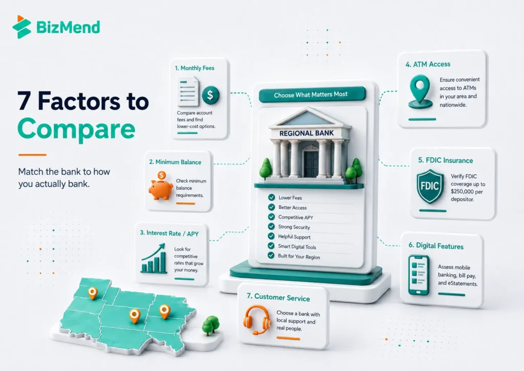 Seven key factors to compare before choosing a regional bank, including fees, balance rules, APY, ATMs, FDIC insurance, and digital features.