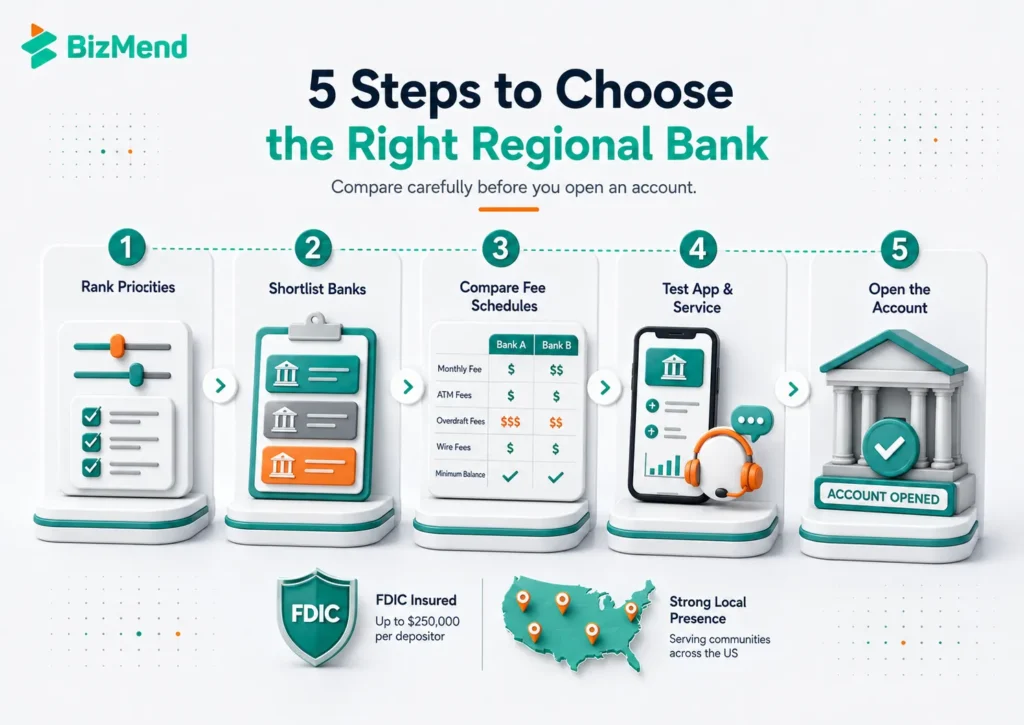 Five-step process to choose the right regional bank by ranking priorities, shortlisting banks, checking fees, testing service, and opening an account.