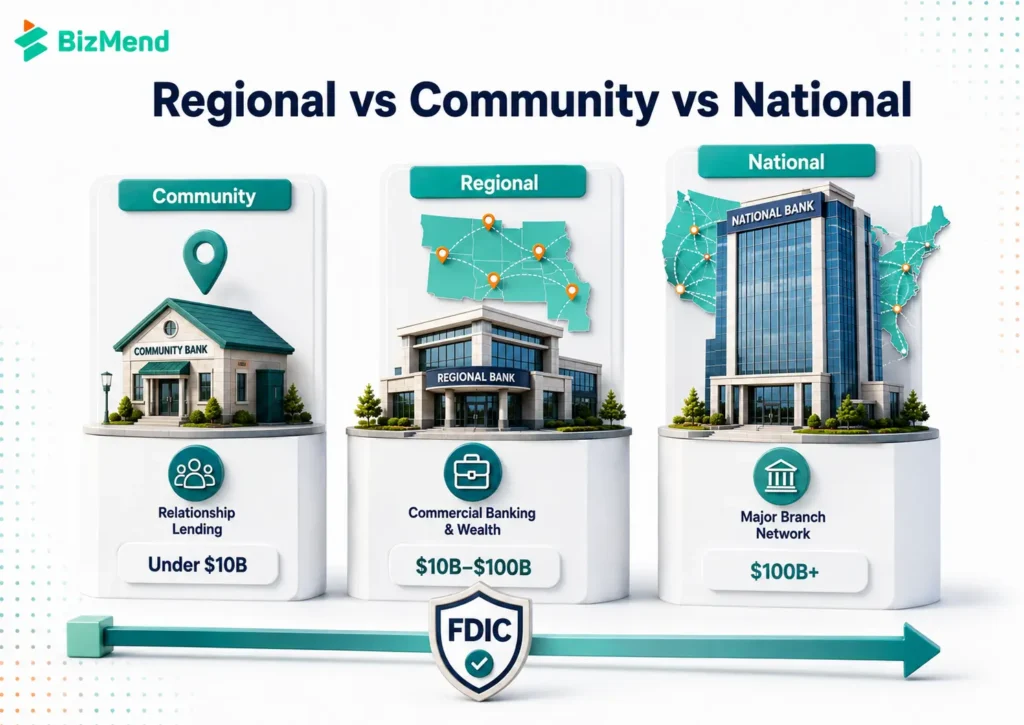 Regional bank vs community bank vs national bank comparison showing asset size, local lending, multi-state banking, nationwide branch reach, and FDIC protection