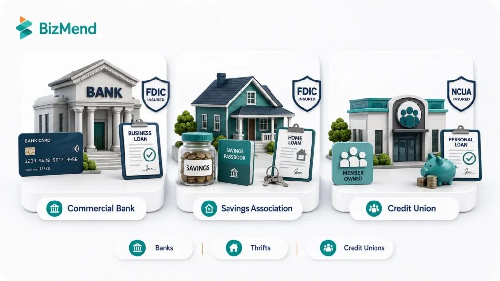 Types of depository institutions in the US including commercial banks, savings associations, and credit unions