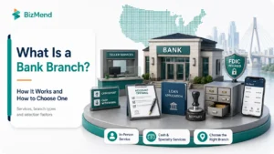 what is a bank branch? A US bank branch showing teller services, account opening, loans, notary help, safe deposit boxes, and FDIC insurance
