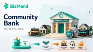 What is a Community bank in the US showing local deposits, relationship banking, FDIC insurance, small business loans, and community growth