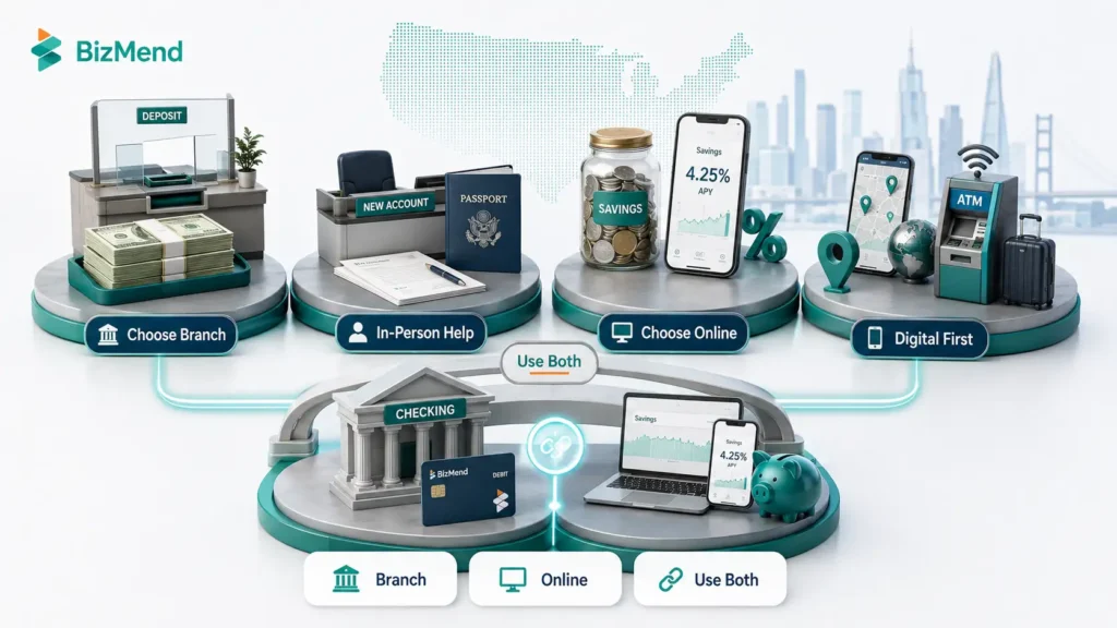 When to choose a bank branch, online bank, or use both based on cash, savings, account opening, and travel needs