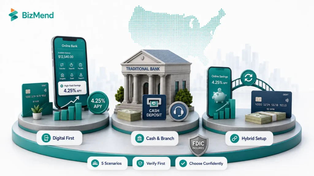 Decision guide showing when to choose an online bank, when to choose a traditional bank, and when a hybrid banking setup works best